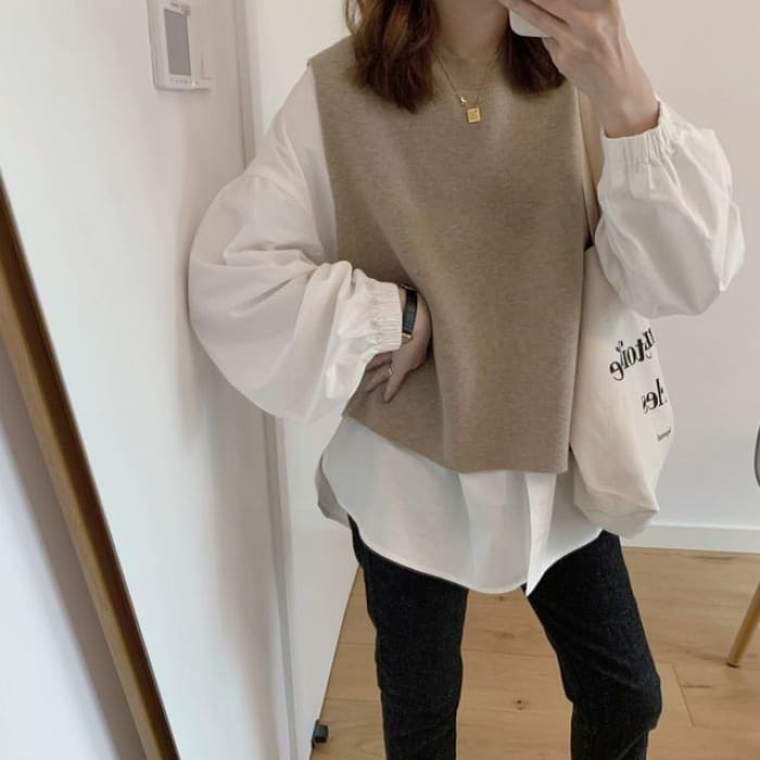 Long Sleeve Round Neck Plain Blouse / Knit Vest