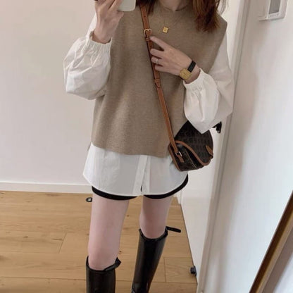 Long Sleeve Round Neck Plain Blouse / Knit Vest