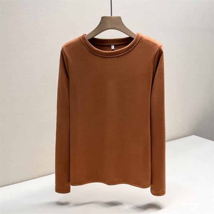 Long Sleeve Round Neck Plain T-Shirt - Caramel / M