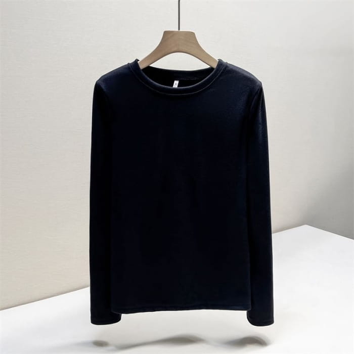 Long Sleeve Round Neck Plain T-Shirt - Clothing