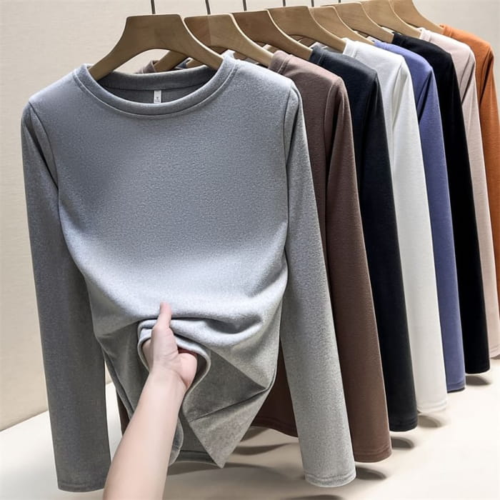 Long Sleeve Round Neck Plain T-Shirt - Clothing