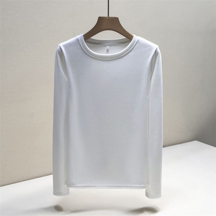 Long Sleeve Round Neck Plain T-Shirt - Clothing