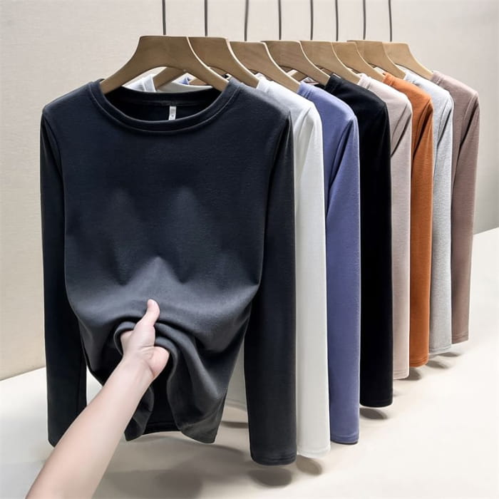 Long Sleeve Round Neck Plain T-Shirt - Clothing