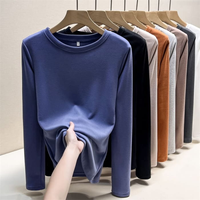 Long Sleeve Round Neck Plain T-Shirt - Clothing