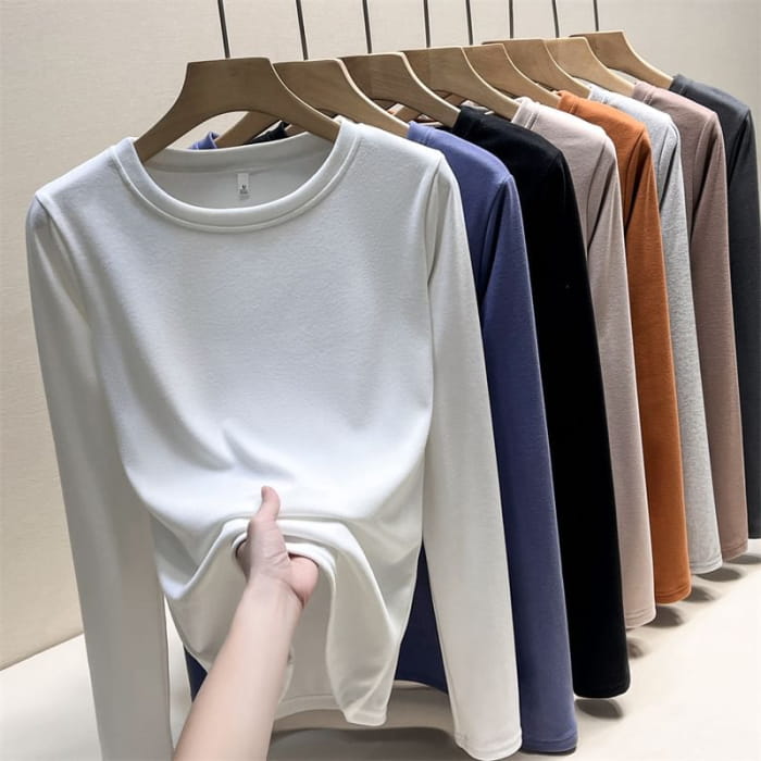 Long Sleeve Round Neck Plain T-Shirt - Clothing