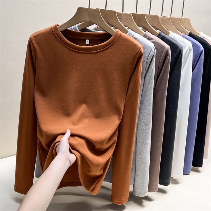 Long Sleeve Round Neck Plain T-Shirt - Clothing