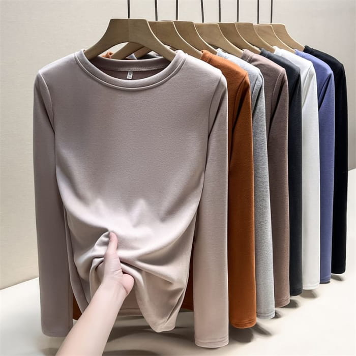 Long Sleeve Round Neck Plain T-Shirt - Clothing