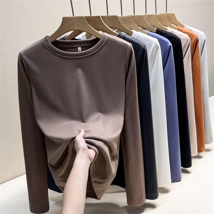 Long Sleeve Round Neck Plain T-Shirt - Clothing