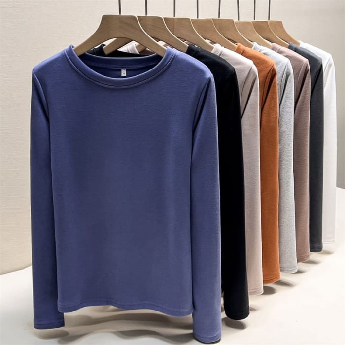 Long Sleeve Round Neck Plain T-Shirt - Clothing