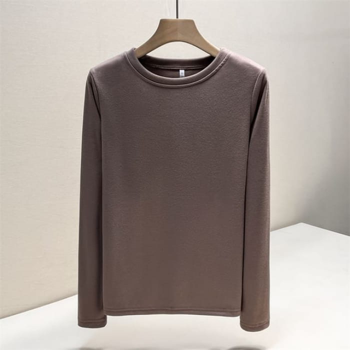 Long Sleeve Round Neck Plain T-Shirt - Coffee / M - Clothing