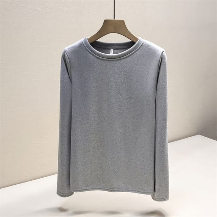 Long Sleeve Round Neck Plain T-Shirt - Gray / M - Clothing