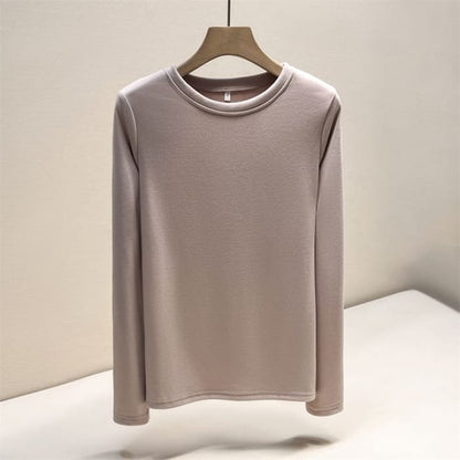 Long Sleeve Round Neck Plain T-Shirt - Khaki / M - Clothing