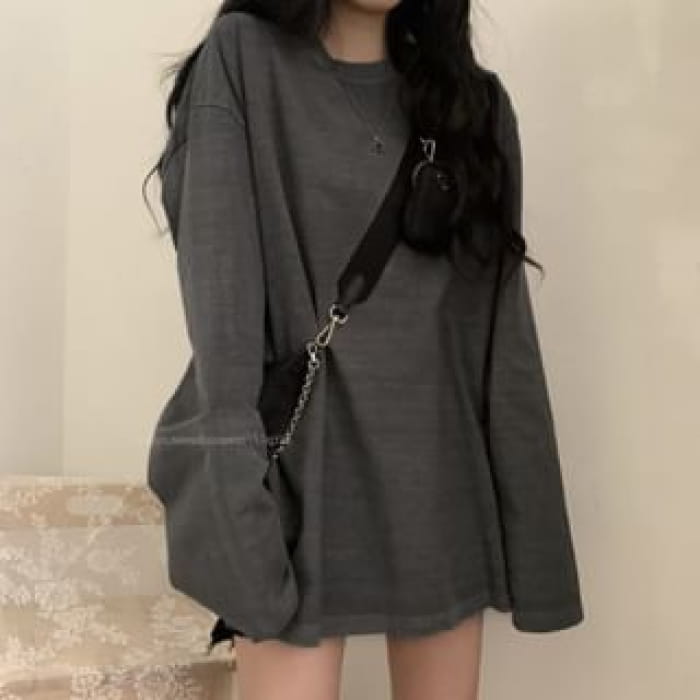 Long Sleeve Round Neck Plain Tee - Clothing