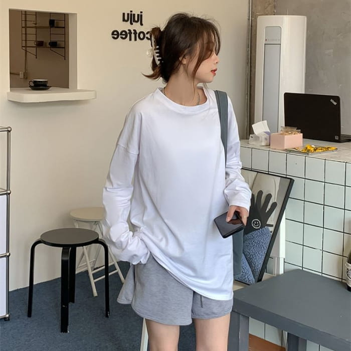 Long Sleeve Round Neck Plain Tee - Clothing