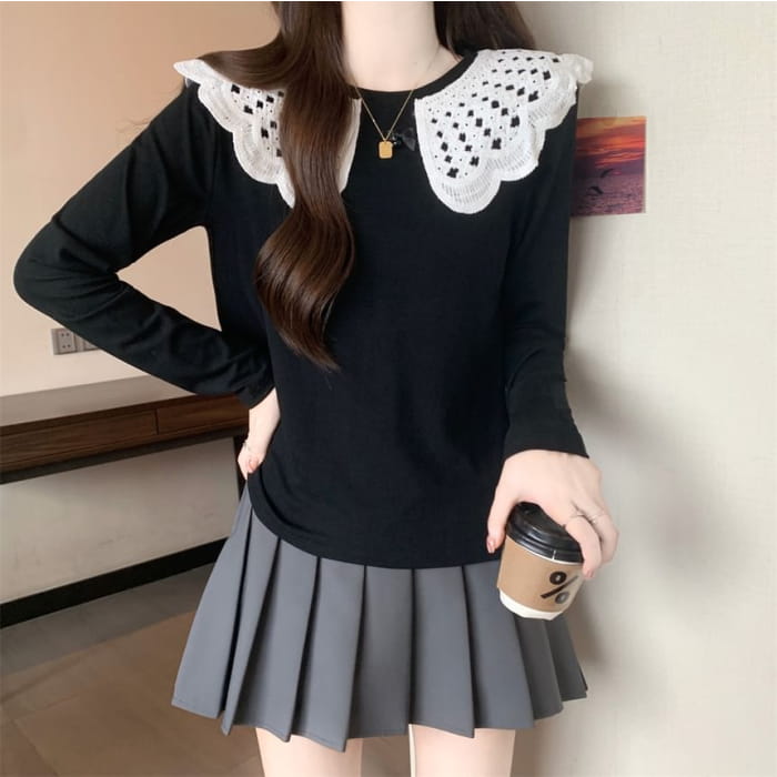 Long Sleeve Round Neck Two Tone Panel Top - Clothing