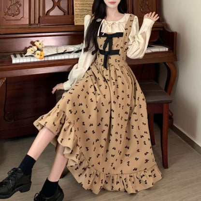 Long Sleeve Ruffle Hem Bow Print Mock Two Piece Midi A-Line