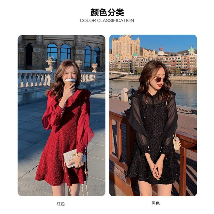 Long Sleeve Ruffled Chiffon Dress