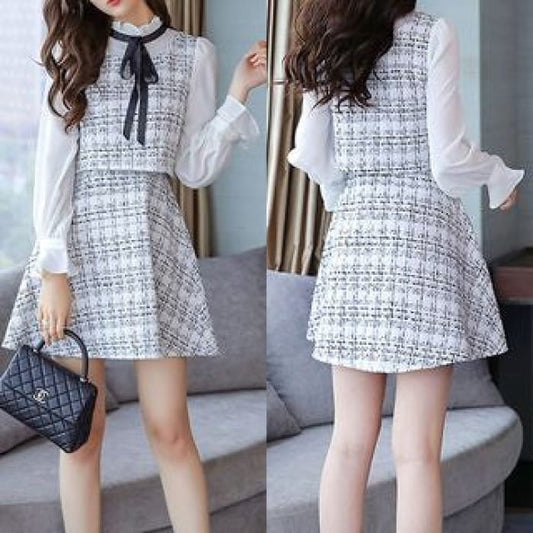 Long Sleeve Ruffled Collar Tweed Mock Two-Piece Dress