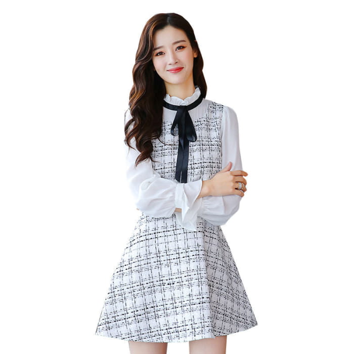 Long Sleeve Ruffled Collar Tweed Mock Two-Piece Dress