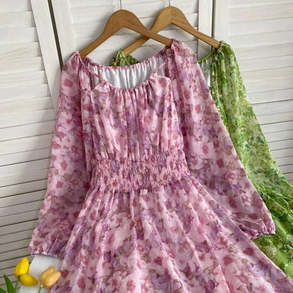 Long-Sleeve Scoop Neck Floral Maxi A-Line Dress