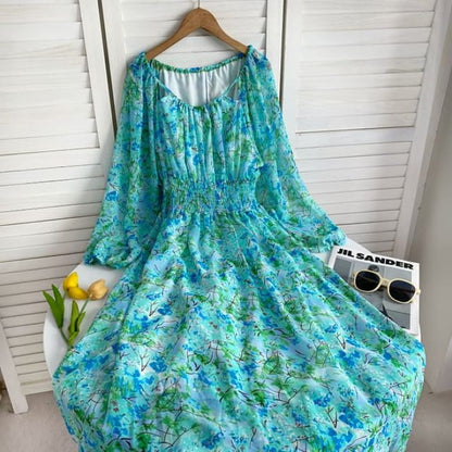 Long-Sleeve Scoop Neck Floral Maxi A-Line Dress - Aqua Blue