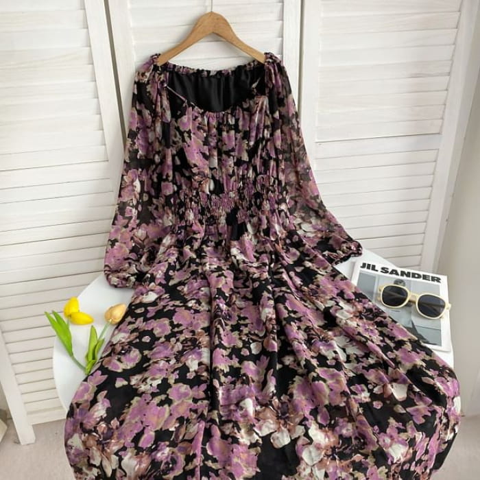 Long-Sleeve Scoop Neck Floral Maxi A-Line Dress - Black