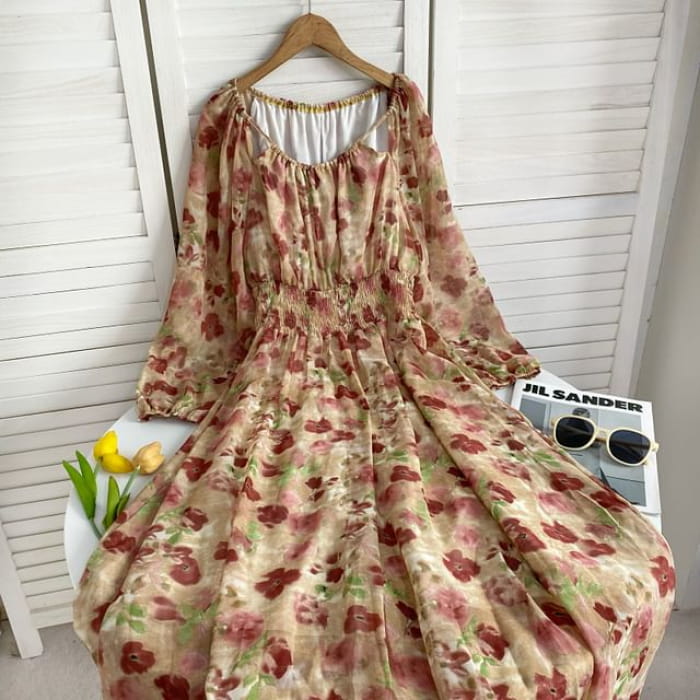 Long-Sleeve Scoop Neck Floral Maxi A-Line Dress - Khaki