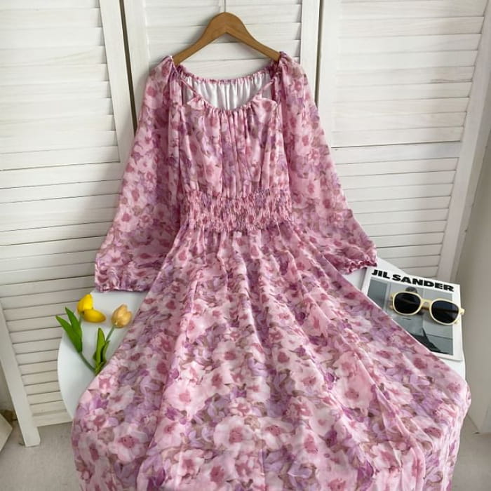 Long-Sleeve Scoop Neck Floral Maxi A-Line Dress - Light