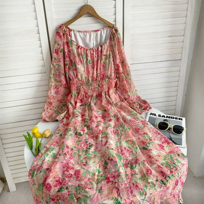 Long-Sleeve Scoop Neck Floral Maxi A-Line Dress - Rose