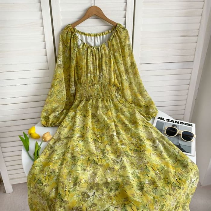 Long-Sleeve Scoop Neck Floral Maxi A-Line Dress - Yellow