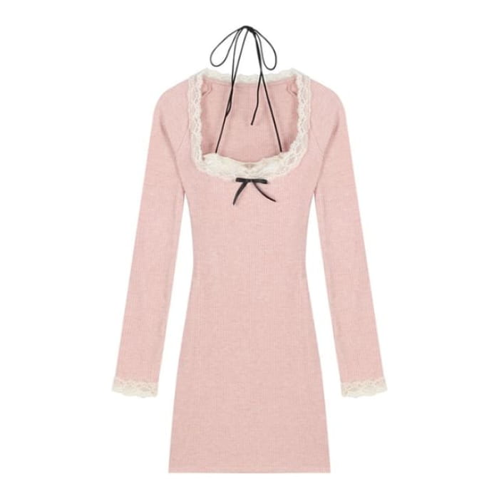 Long-Sleeve Scoop Neck Lace Trim Mini Bodycon Dress - Pink