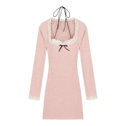 Long-Sleeve Scoop Neck Lace Trim Mini Bodycon Dress - Pink