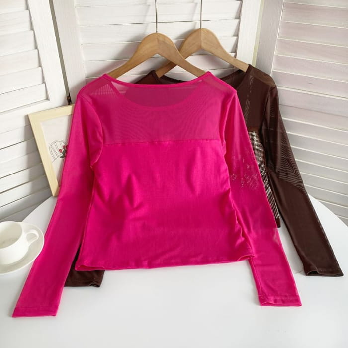 Long-Sleeve Scoop Neck Rhinestone Mesh Top