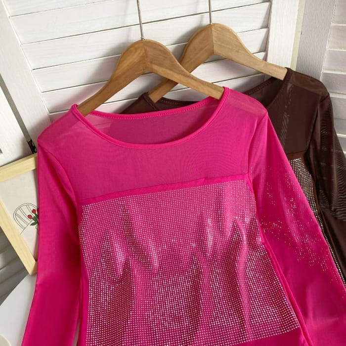 Long-Sleeve Scoop Neck Rhinestone Mesh Top