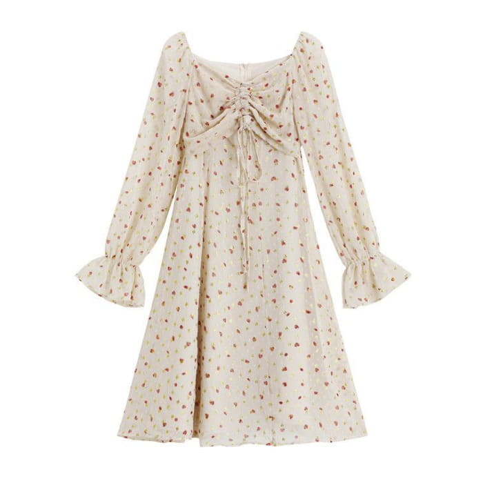 Long Sleeve Square Neck Drawstring Floral Chiffon Dress