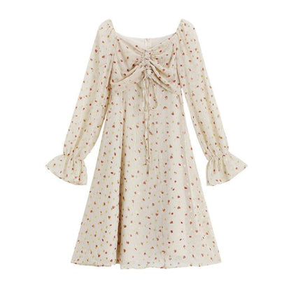 Long Sleeve Square Neck Drawstring Floral Chiffon Dress