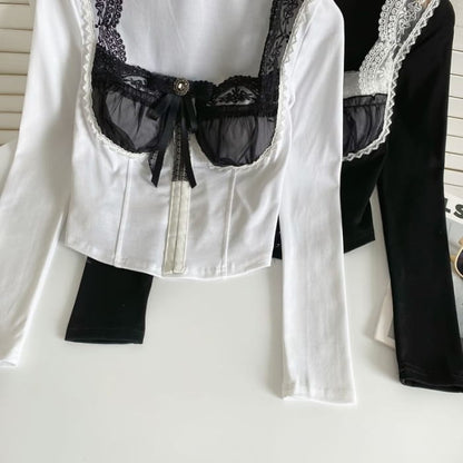 Long-Sleeve Square Neck Embroidered Bow Panel Mesh Top