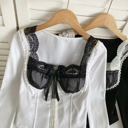 Long-Sleeve Square Neck Embroidered Bow Panel Mesh Top