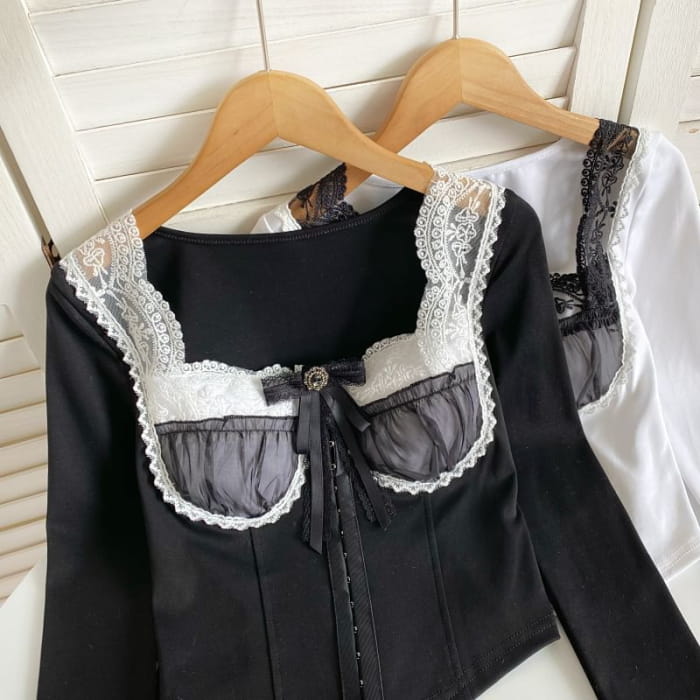 Long-Sleeve Square Neck Embroidered Bow Panel Mesh Top