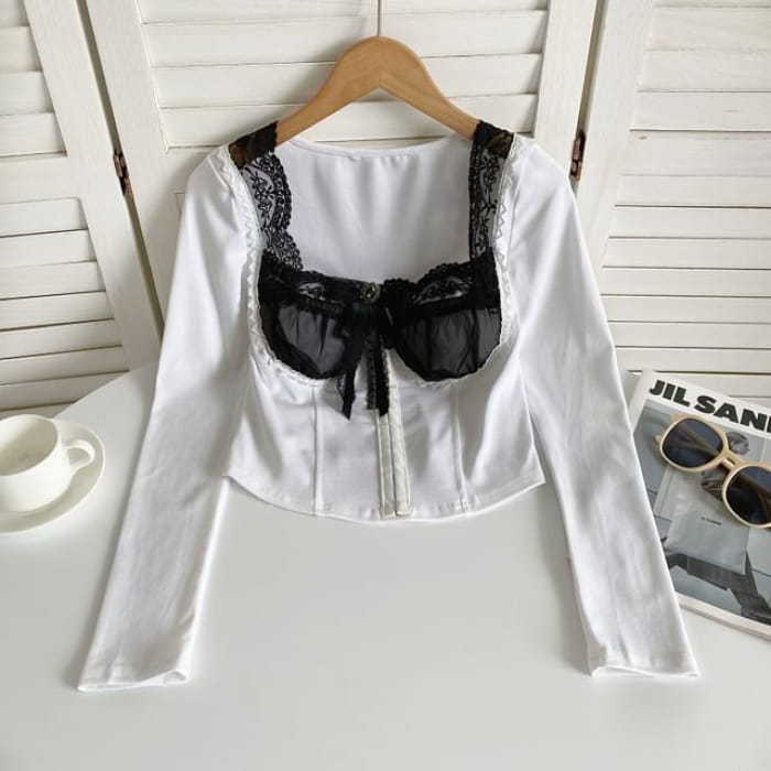 Long-Sleeve Square Neck Embroidered Bow Panel Mesh Top