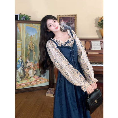 Long-Sleeve Square Neck Floral Blouse / Spaghetti Strap