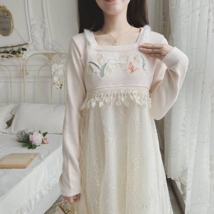 Long-Sleeve Square Neck Floral Embroidered Mesh Panel Midi