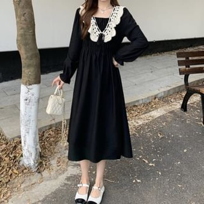 Long Sleeve Square Neck Lace Panel Midi A-Line Dress