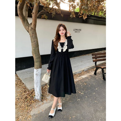 Long Sleeve Square Neck Lace Panel Midi A-Line Dress