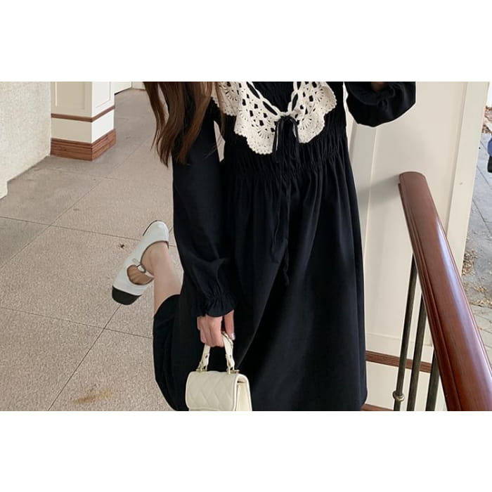 Long Sleeve Square Neck Lace Panel Midi A-Line Dress