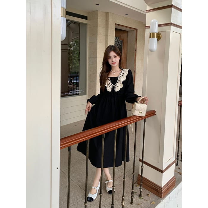 Long Sleeve Square Neck Lace Panel Midi A-Line Dress