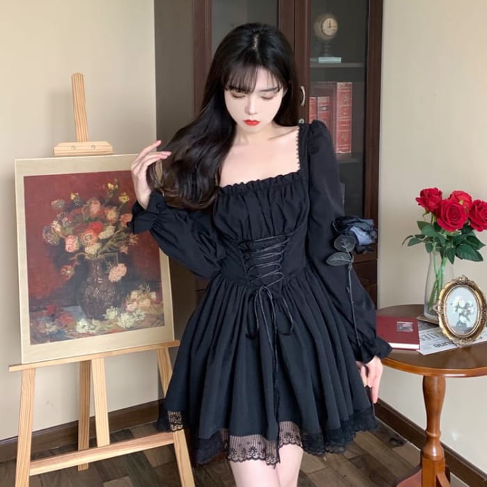 Long-Sleeve Square Neck Lace-Up Mini A-Line Dress - Dresses