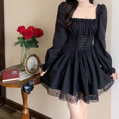 Long-Sleeve Square Neck Lace-Up Mini A-Line Dress - Dresses