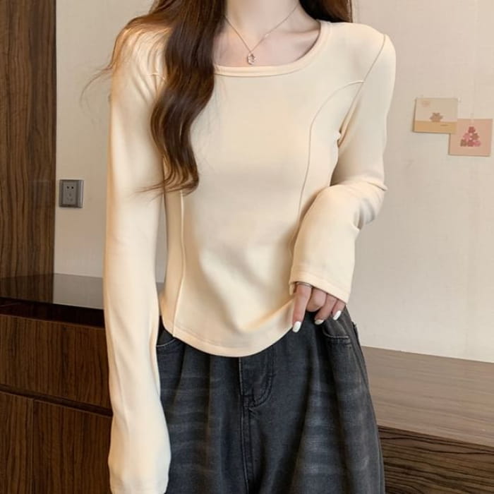 Long-Sleeve Square Neck Plain T-Shirt - Almond / S