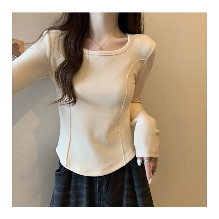 Long-Sleeve Square Neck Plain T-Shirt - Clothing